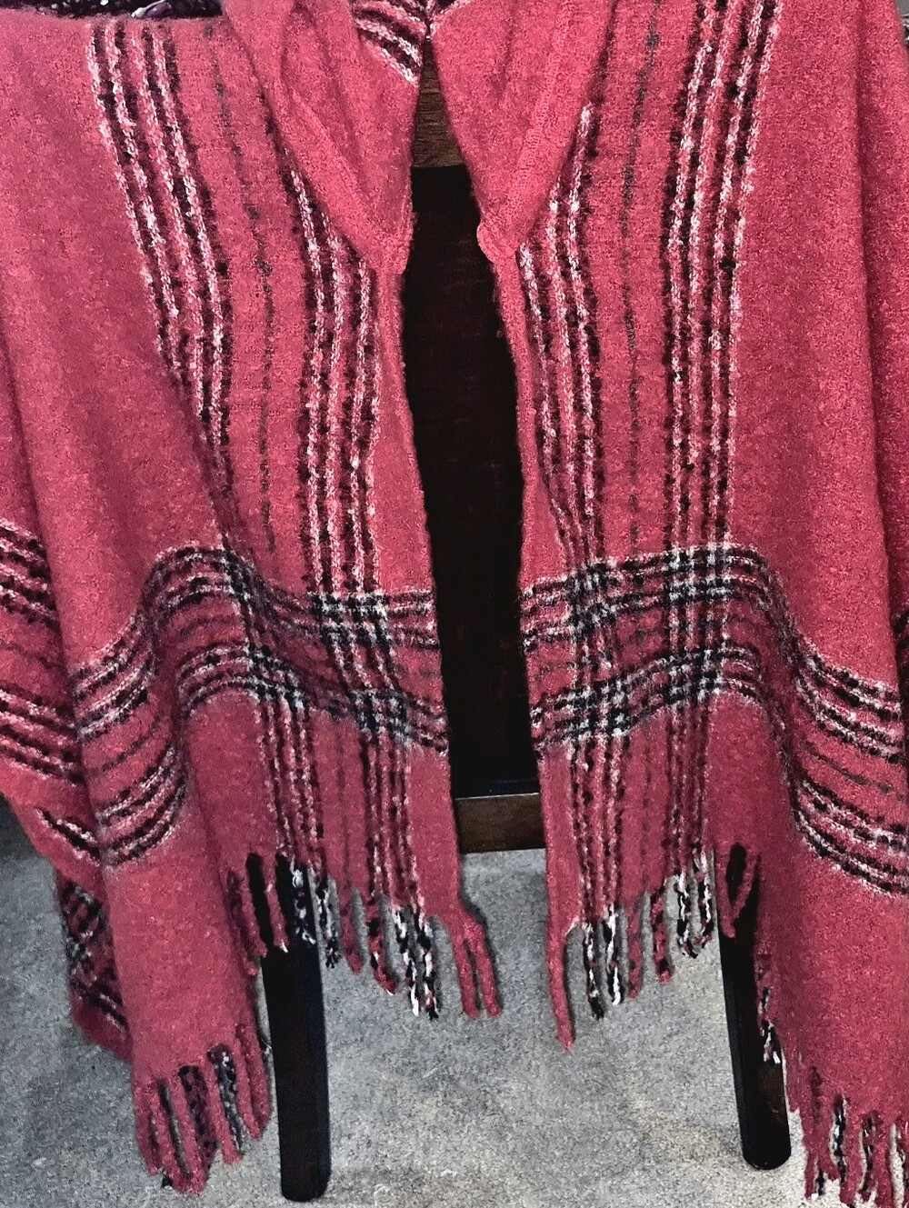 Simply Noelle Red Plaid Hooded Fringe Poncho